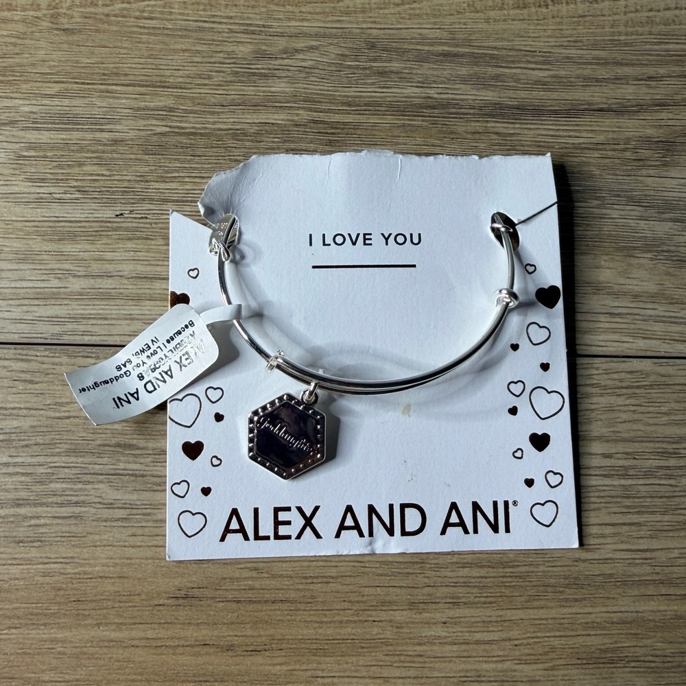 Alex and Ani Goddaughter Expandable Bangle Bracelet Silver Tone I Love You Charm